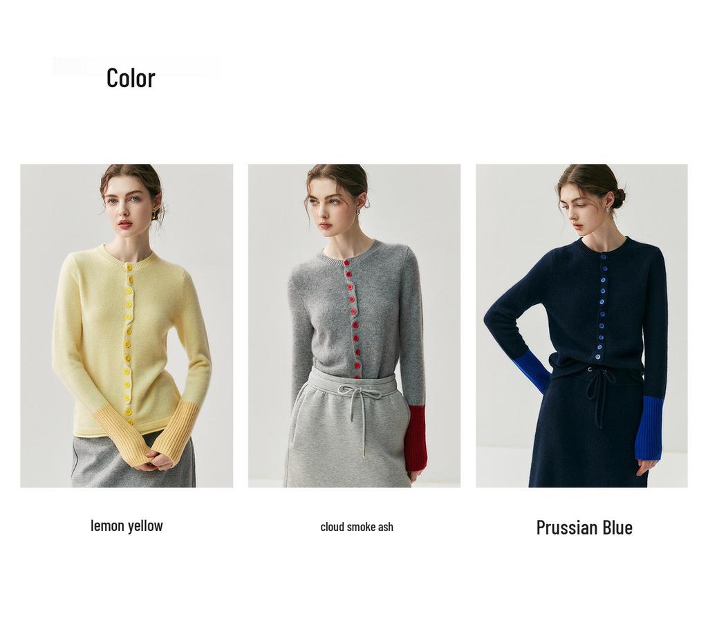 Women's Color Block Cashmere Cardigan - Soft Knit Round Neck Slim Fit Wool Sweater for Autumn/Winter