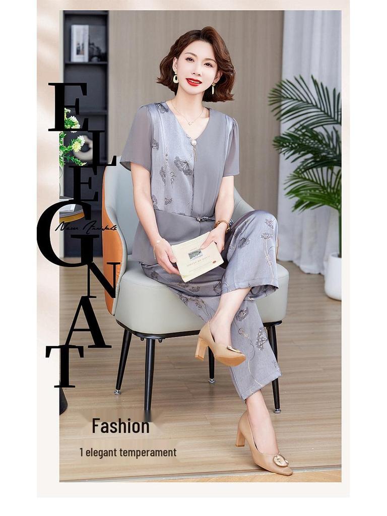 Стильный шифоновый летний костюм-двойка для мамы – с коротким рукавом, больших размеров, для женщин среднего и пожилого возраста.