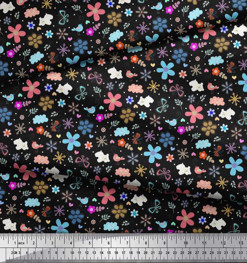 Soimoi Ткань из вискозы синего цвета с принтом «Медведь|Птица и цветы» в ярдах, 42 дюйма