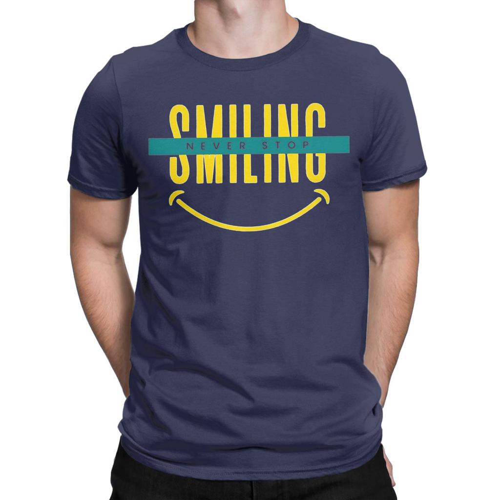 Мужские забавные футболки Never Stop Smiling из 100% хлопка, топы для отдыха с коротким рукавом и круглым воротником, футболки, идея для подарка