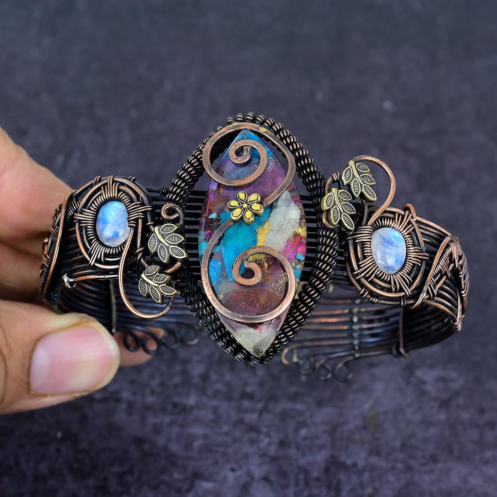 Драгоценный камень Спини Ойстер Медная проволока Обертка Манжета Браслет Регулируемый