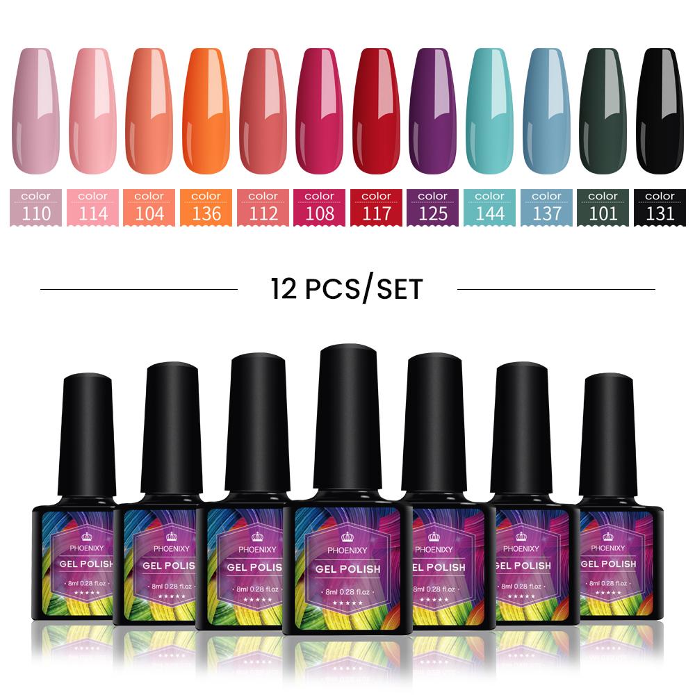 PHOENIXY Набор гель-лаков для ногтей, 12 цветов, набор геля для замачивания с чистым цветом для дизайна ногтей, стартовый набор для начинающих, сделай сам, дома