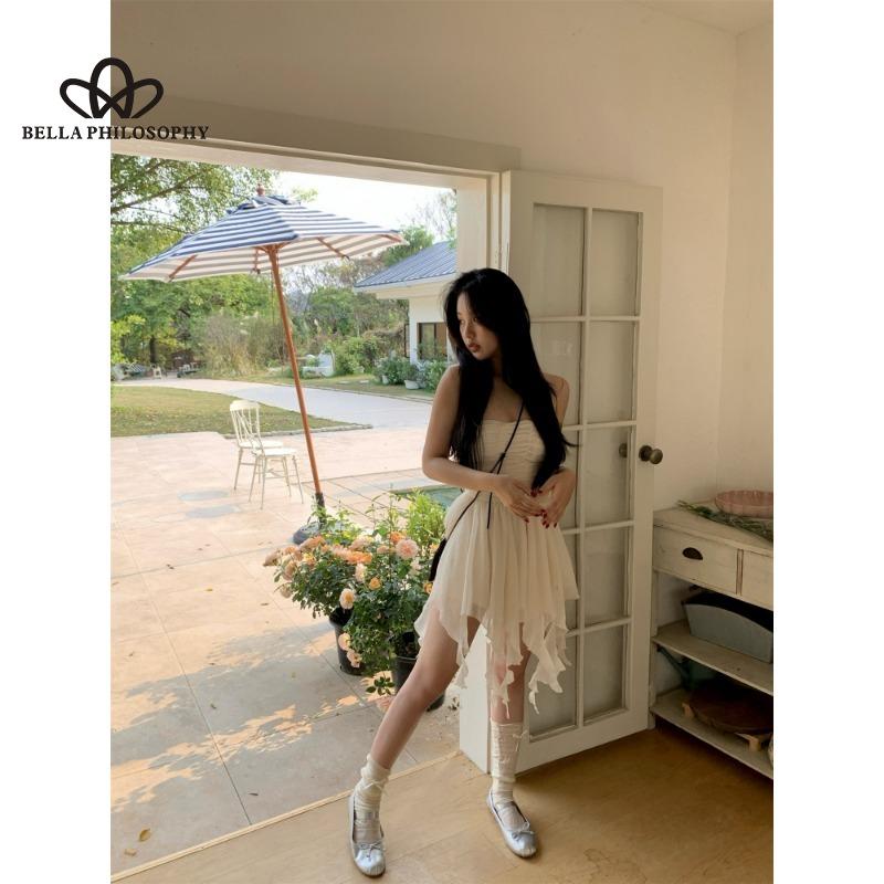 Summer Korean Style Design Sense Strapless Dress Women's Waist Flower Slimming A- Shaped Irregular Hem Short Dress