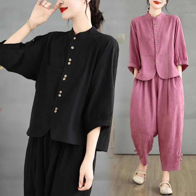 Льняной костюм в китайском стиле, женская летняя свободная модная рубашка + брюки-шаровары, костюм из двух частей