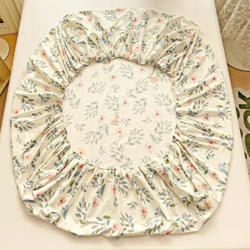 Floral Leaves Pattern Fitted Sheet Set 100% Cotton Comfortable Soft Bedding Set Plants Printed Mattress Cover with Pillowcases