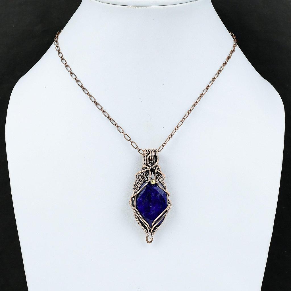 Ограненный Синий Сапфир Подвеска Медная Проволока Обернутая Подвеска Ювелирные Изделия Из Драгоценных Камней Медные Ювелирные Изделия Ручной Работы Уникальный Подвеска Проволочная Обертка Ювелирные Изделия Для Подарка