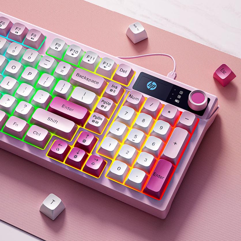 HP K500F Mechanical Feel Wired Keyboard, Quiet Multifunctional Knob for Office, Pink, 98-Key Layout