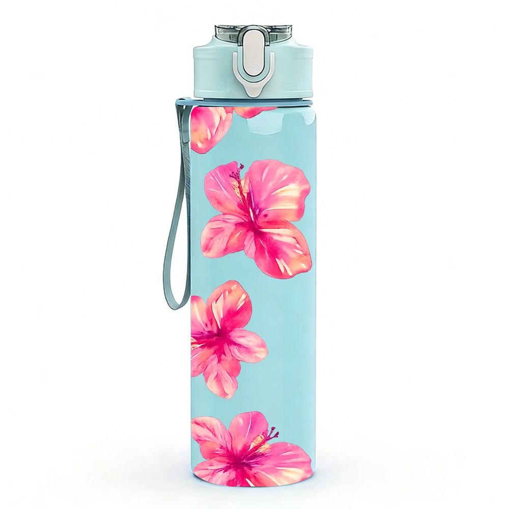 1PC Pink Hibiscus Floral Bloom Print 750ml Color Plastic Sports Water Bottle Leakproof Flip Straw Lid Suitable for Sports Office Home Use