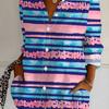 Plus size women's long-sleeved shirt striped style loose printed shirt blue and pink contrast mid-length long-sleeved lapel shirt for women