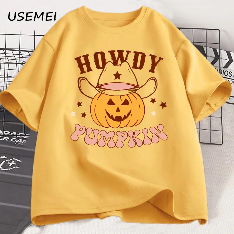 Howdy Pumpkin Graphic T Shirts Halloween T Shirt Fall Cotton Short Sleeve Printed Tshirt Unisex Retro Tees Streetwear Clothes