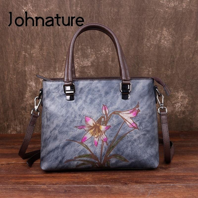 Johnature Retro Woman's Handbag Hand Painted Genuine Leather Women Shoulder Bags Leisure Floral Cowhide Messenger Bag
