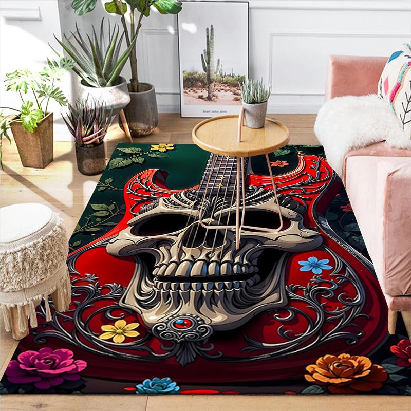 1Pc Skull Guitar Artwork Rug, Office Carpet Indoor Outdoor Doormat, Non-Slip, Comfortable, Living, Christmas Halloween, Xmas Gift G1181
