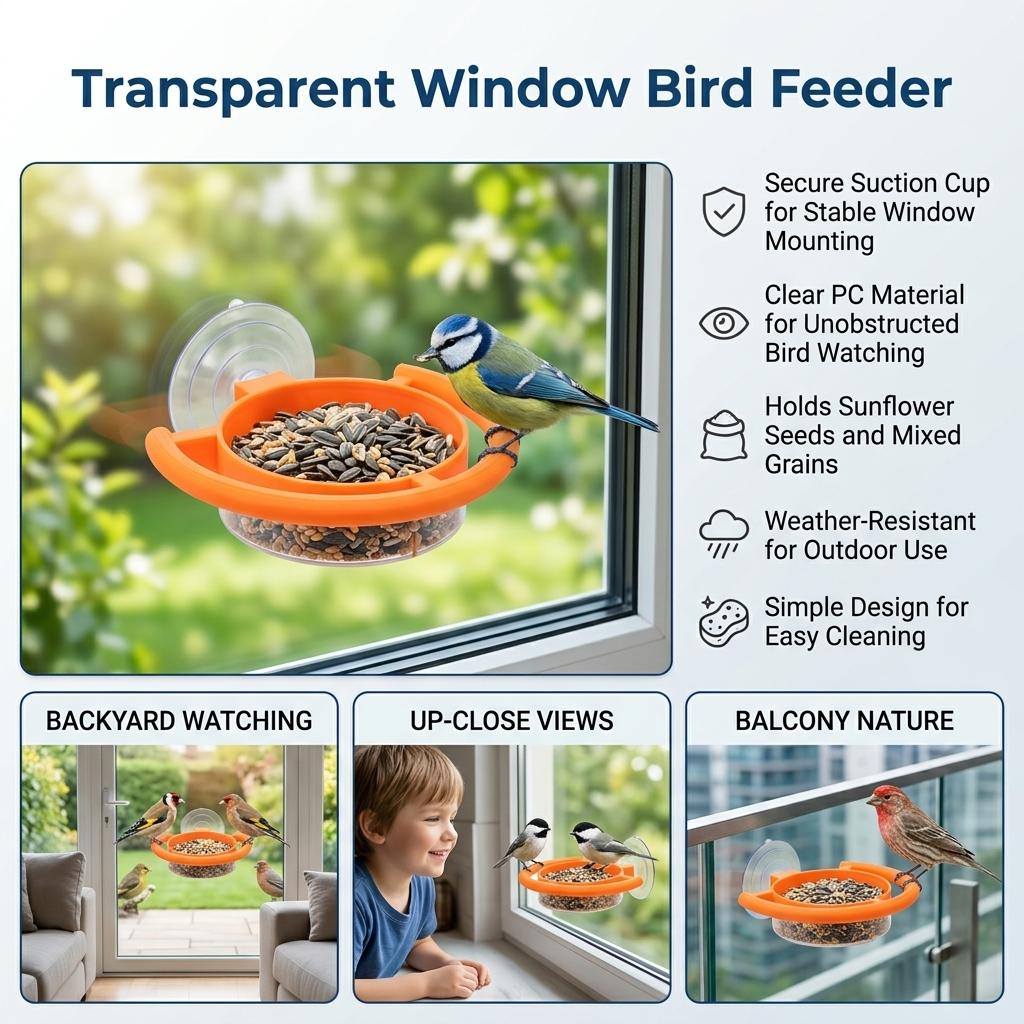 Suction Cup Window Bird Feeder Transparent PC Material Outdoor Use Compatible with Sunflower-Seeds and Mixed Grains