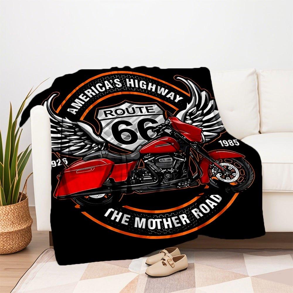 Route 66 Motorcycle T-Shirt - America's Highway TeeBlanket Flannel Throw Blanket for Sofa, Bed, Travel, Camping, Office, Couch, Chair, And B
