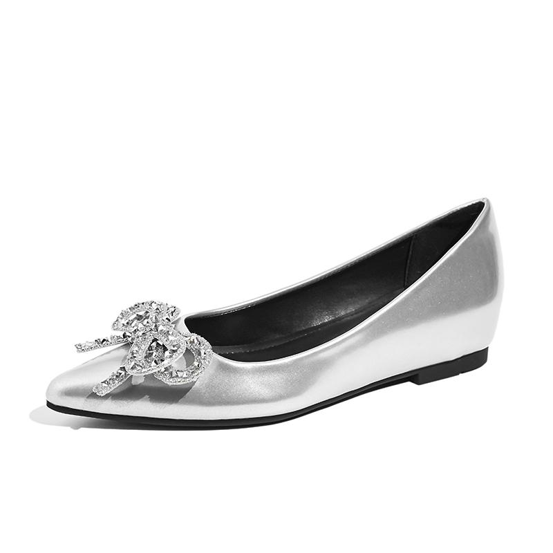 Fashion Ladies Japanned Leather Bowtie Flat Shoes Crystal Beading Bowknot OL Dress Shoes Woman 5cm Height Increasing Ballet Flats 2025