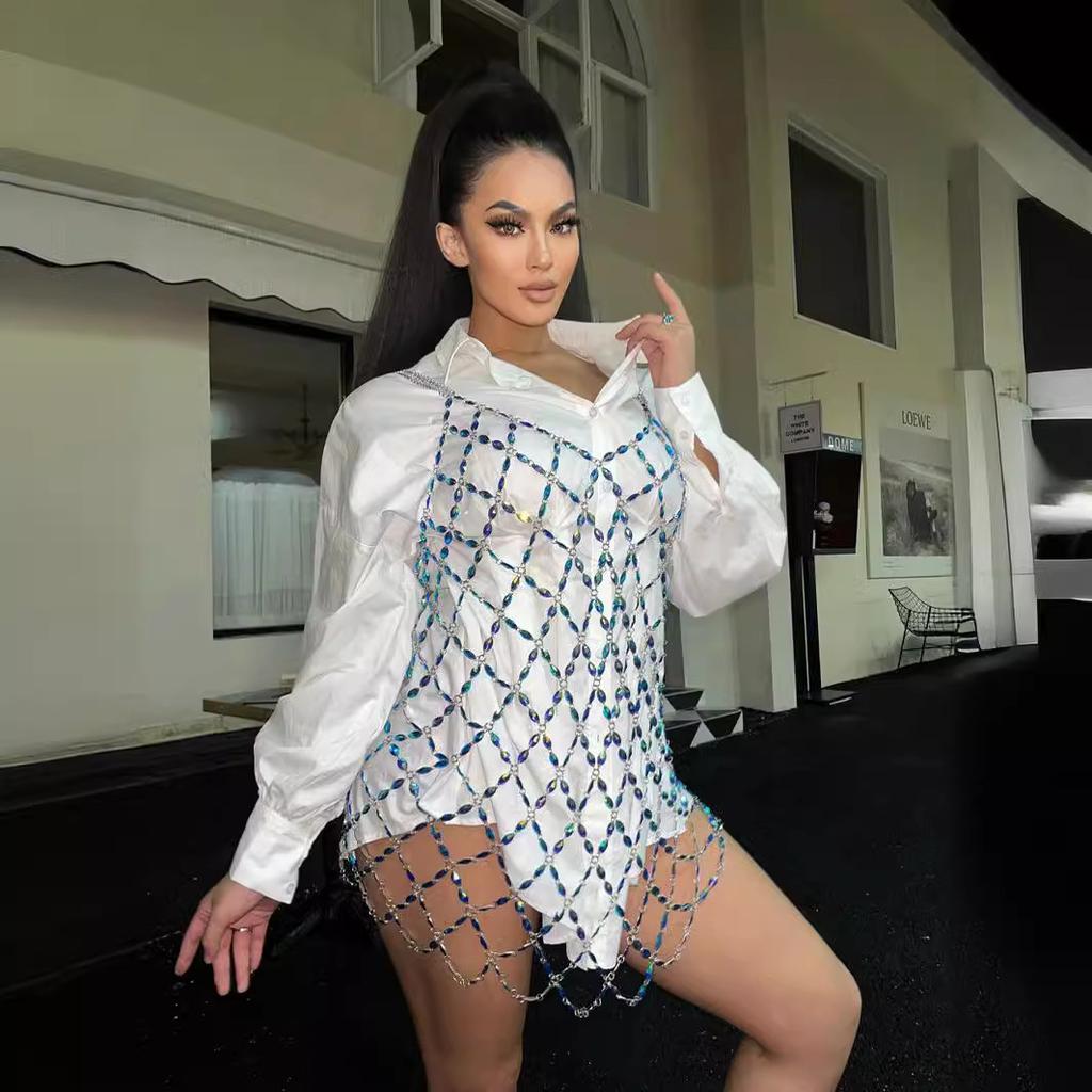 Пляжный отдых Сексуальный отпуск Сшитое вручную полое металлическое платье с цепочкой для тела