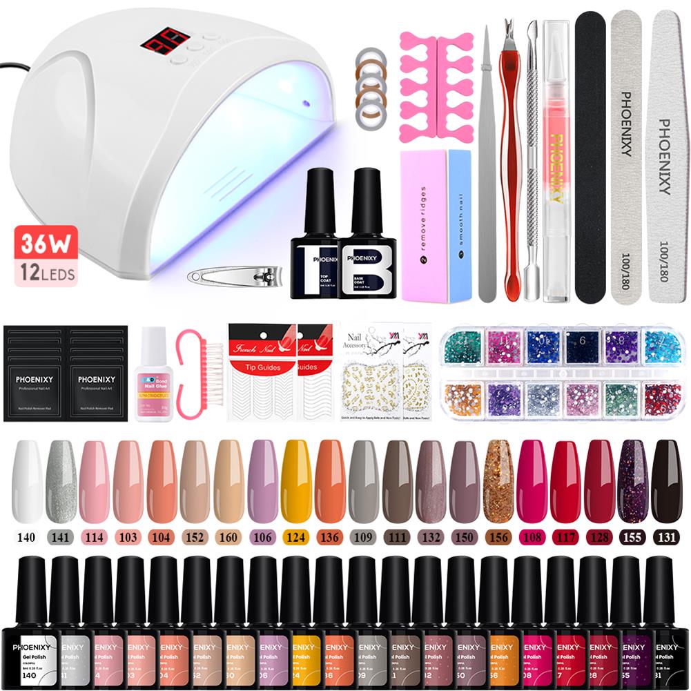 Набор гелевых ногтей PHOENIXY, 20 шт., гель для замачивания ногтей с УФ-светодиодной лампой для ногтей 36 Вт, набор инструментов для дизайна ногтей, набор инструментов для дизайна ногтей