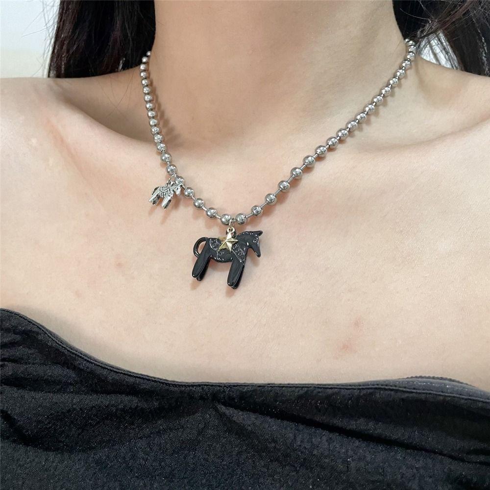 White Horse Pendant Necklace Silver Plated Beads Neck Chain Funny Choker Necklace  for Women