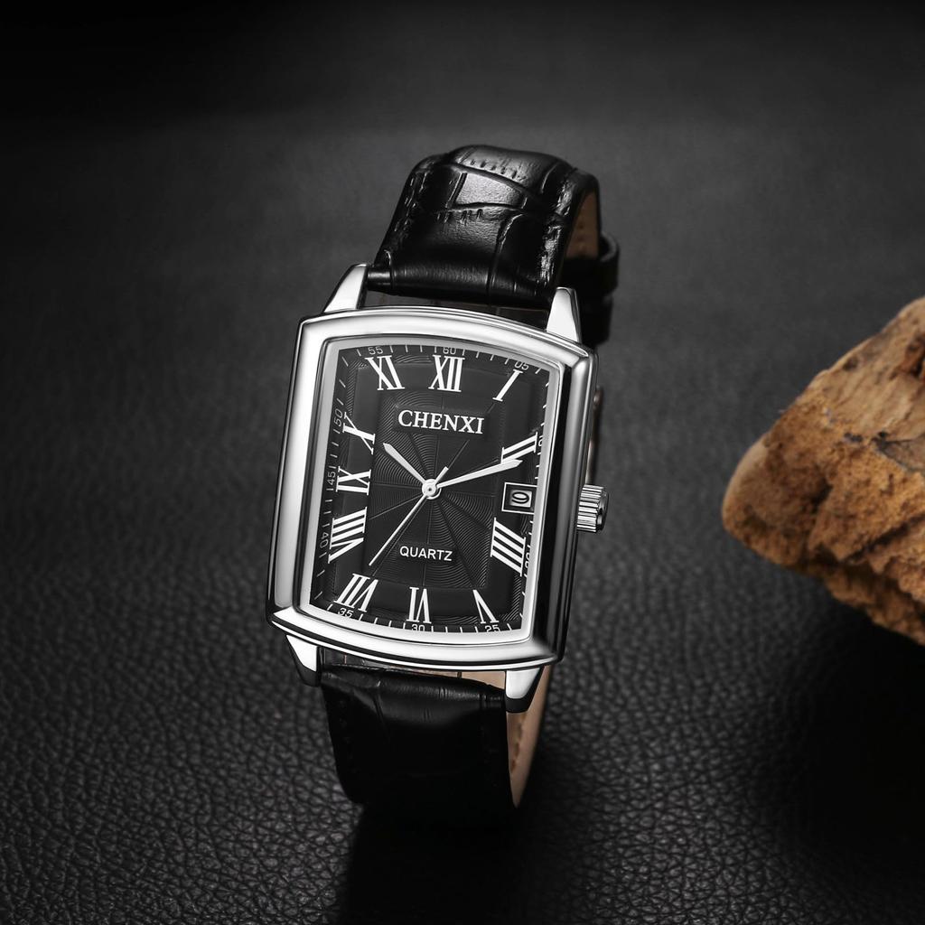 Square Watch with Leather Couple Roman Analog Wrist Waterproof Easy To Read Popular Suitable for Black Men Men's Strap Watch, Numerals, Date, Quartz,