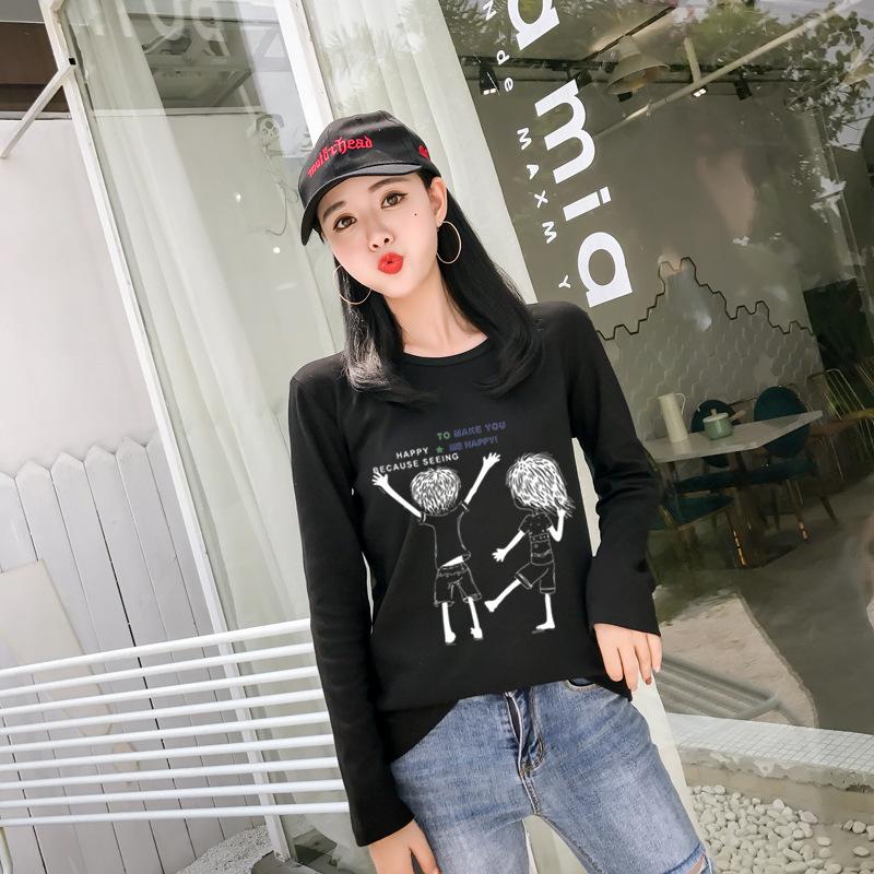 Осень Новая Свободная Женская Футболка с Принтом Мультяшная Круглый Вырез Длинный Рукав Женская Базовая Футболка