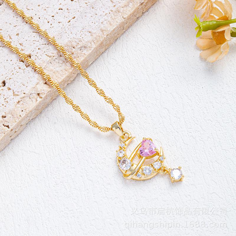 Ожерелье «Лунная любовь» Женское Премиальное Чувство Простое Универсальное Подвеска с Инкрустированным Розовым Цирконом Аксессуары