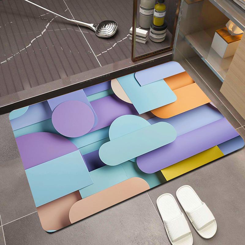 Rainbow 3D Cube Bath Rug Vivid Gradient Square Pattern Non-Slip Washable Mat
