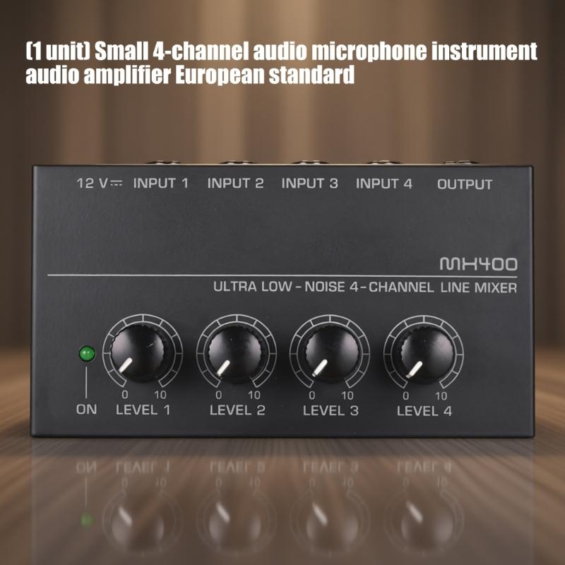 Микшер MX400, 4-канальный, слуховой, усилитель, низкий уровень шума, для микрофонов и инструментов, в металлическом корпусе
