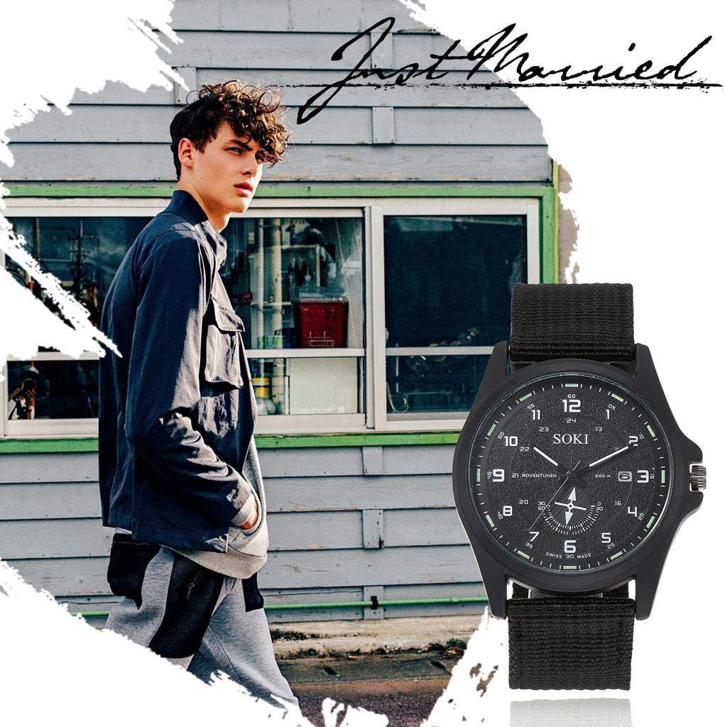 Стратегия Военный календарь Аналоговый Водонепроницаемый нейлоновый ремешок Плетеный Большой циферблат Имитация кварцевых часов Модные часы Черный Подарок на день рождения Рождество