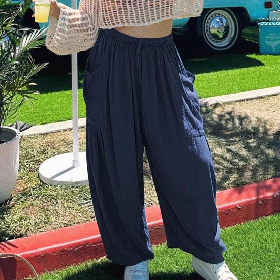 Женские повседневные брюки с прямой талией и широкими карманами, регулируемые брюки с эластичной завязкой, свободная посадка