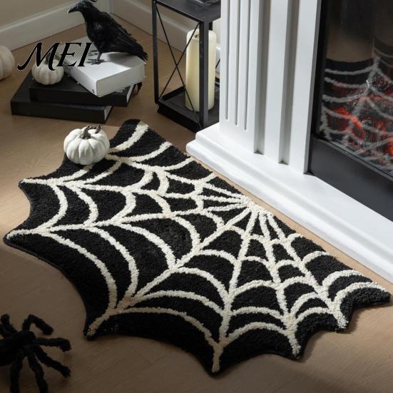 Easy to Clean Area Rug Spider Web Bath Mat, Halloween Gothic Bathroom Rug, Non-slip Washable Laundry Room Black Bat for Home Entrance Bedroom
