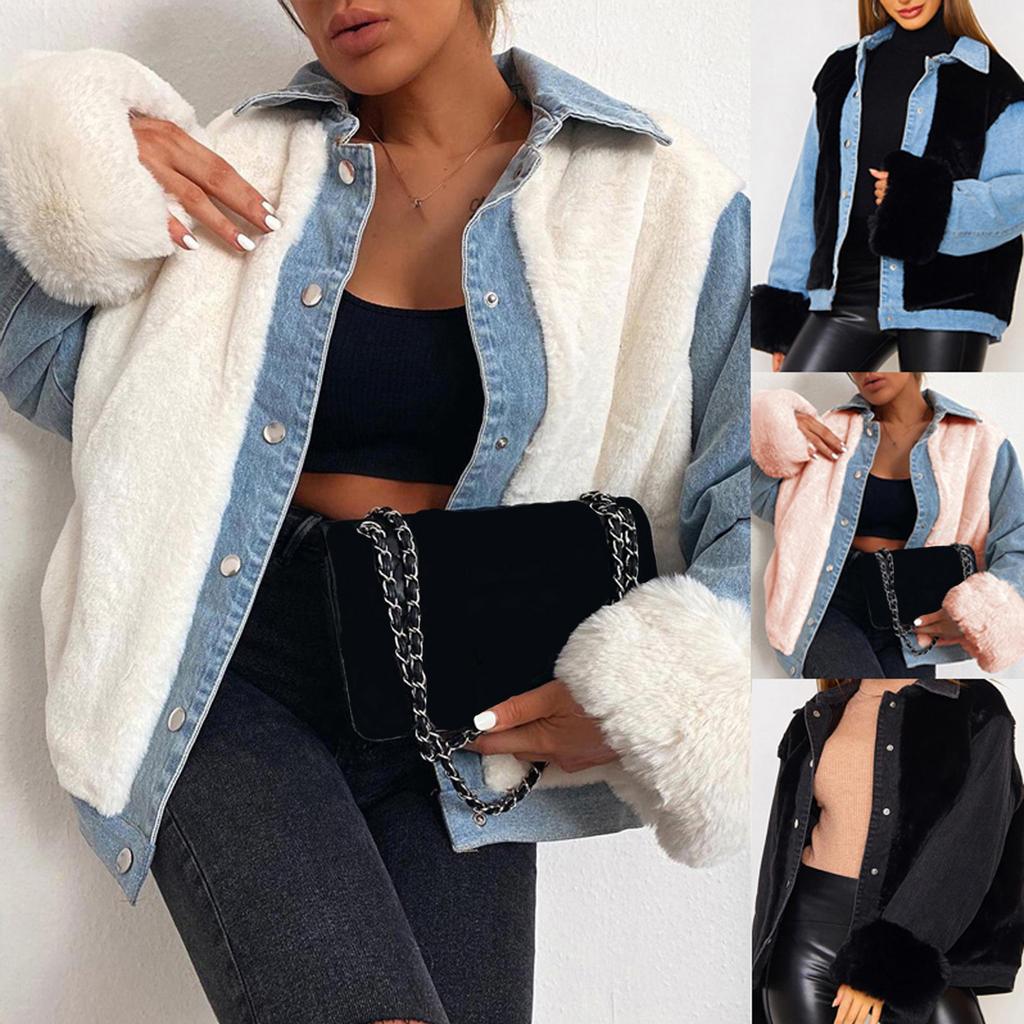 Fashion Women Casual Plush Patchwork Cardigan Outerwear Denim Jacket Coat