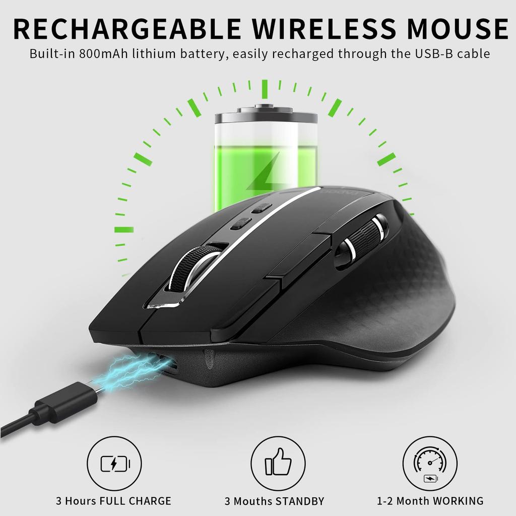 Rapoo MT750 Беспроводная Bluetooth Оптическая Мышь, Поддержка до 4 DPI, Эргономичная, 6 Программируемых Кнопок, Боковые Кнопки, Совместима с, Черная Мышь, 5.0/2.4GHz,