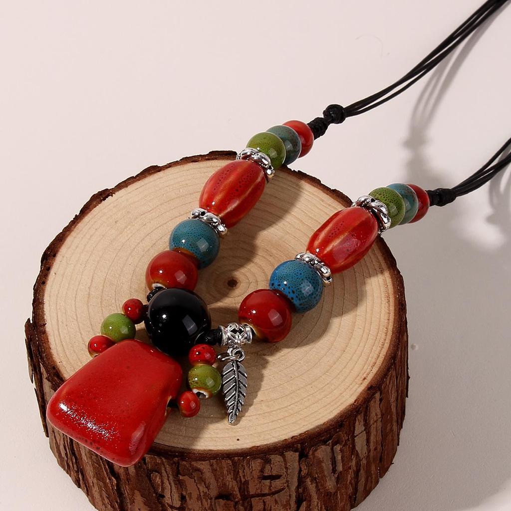 Ethnic Style Long Handmade Beaded Necklace Sweater Tourism Jewelry Necklace Colorful Ceramic Jewelry Stone Necklace