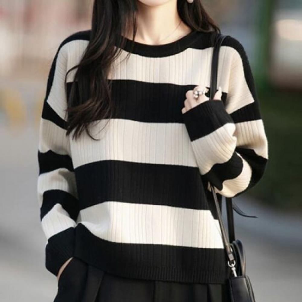 Navava Women Striped Color Block Ribbed Long Sleeve Knit Tee Round Neck Nk3359