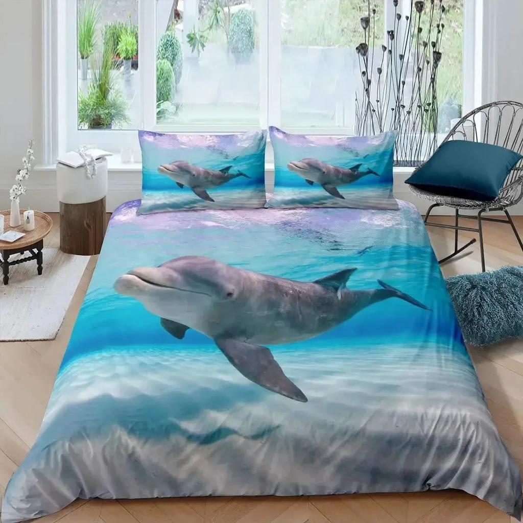 3D Dolphin In Blue Sea Queen King Size Bedding Sets Animal Single Quilt Duvet Cover Set Boys Adult Bed Polyester Bedclothes