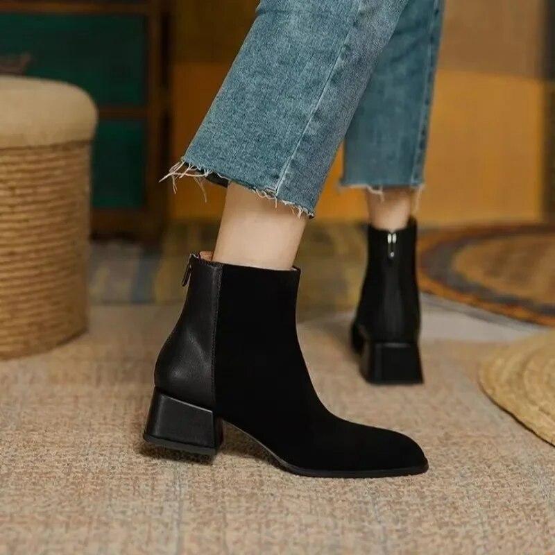 Women Boots Square Toe Chunky Heel Women Shoes Ankle Boots for Women Winter Platform Suede Shoes