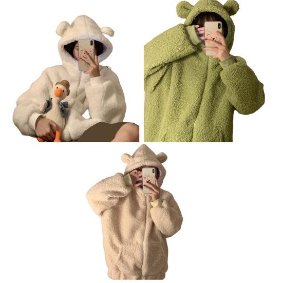 Медвежьи уши Декор с капюшоном и длинными рукавами, карманами на молнии, флисовая куртка, женское зимнее теплое пальто из искусственной овечьей шерсти