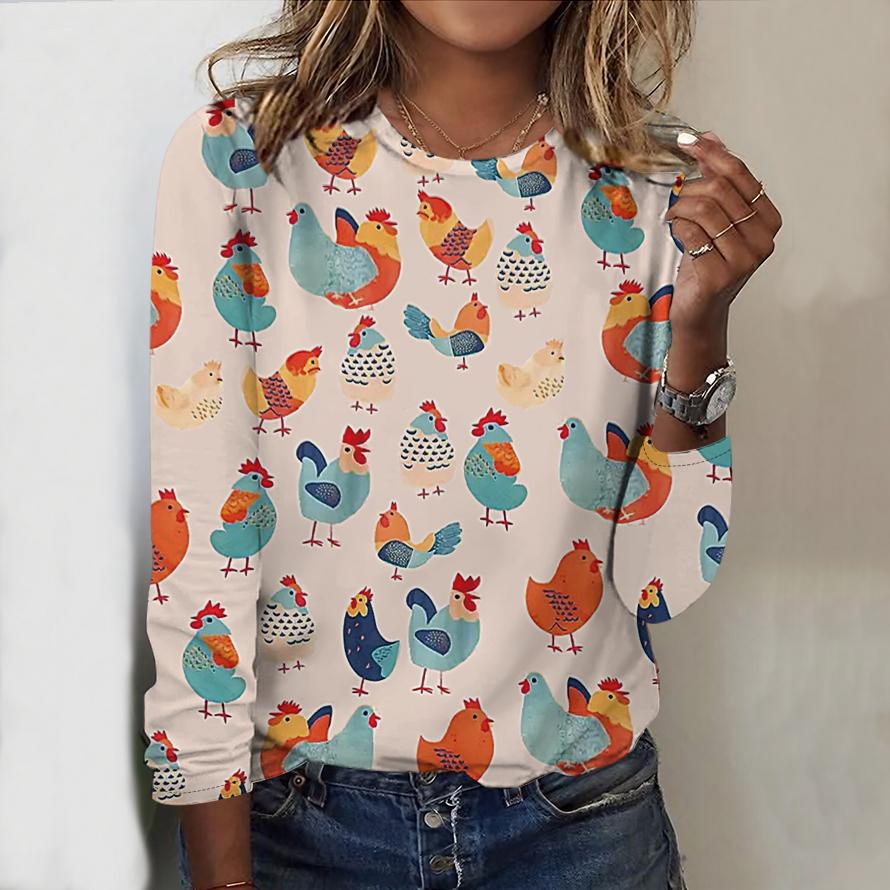 Tops For Women Mini Animals Print Round Neck Long Sleeve T-shirt Fall Casual Slim Pullover Women's Long Sleeve Top