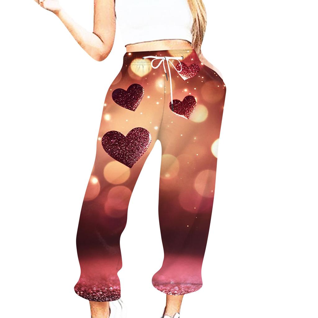 Женская повседневная мода День святого Валентина Повседневные брюки с принтом Спортивные брюки Брюки с эластичной резинкой на талии со шнурком Брюки со шнурком