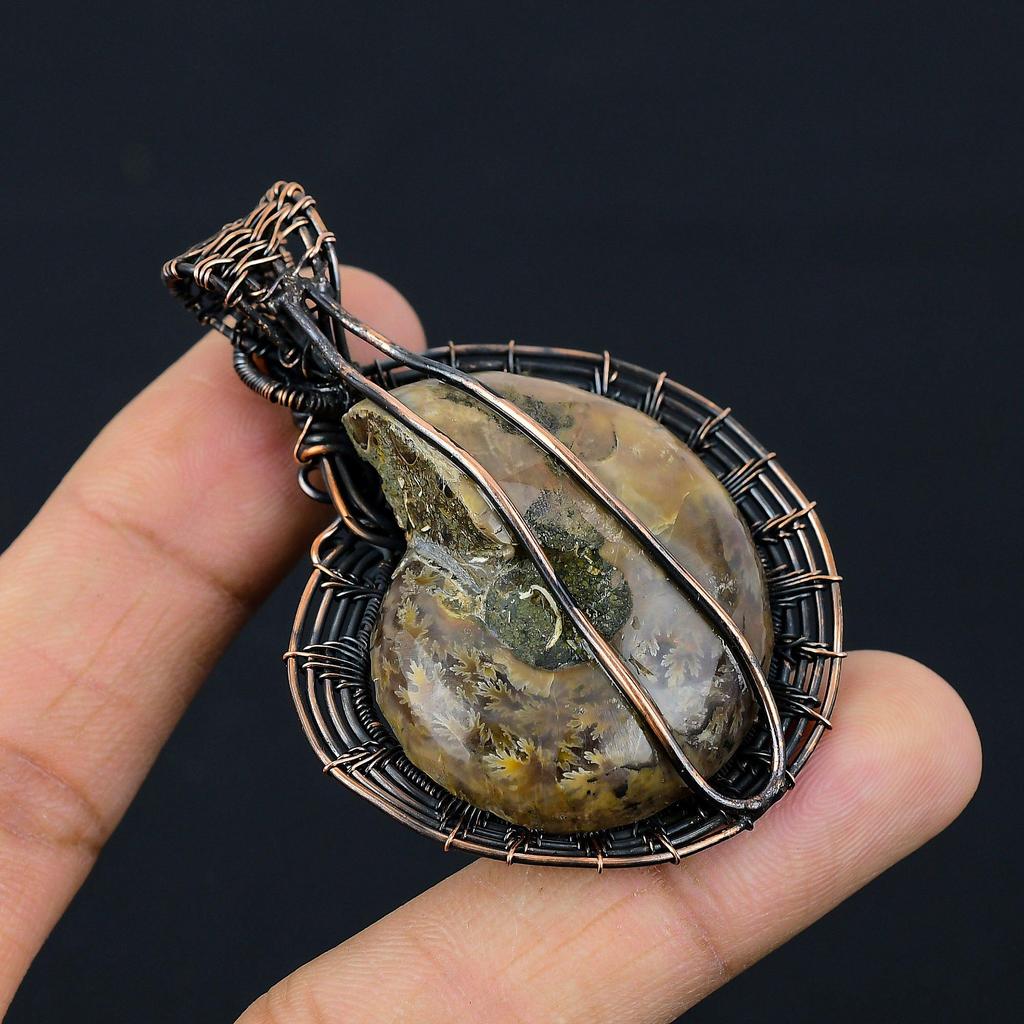 Аммонит ископаемый драгоценный камень чистая медная проволока обернутая дизайнерская подвеска ручной работы ювелирные изделия для подарка