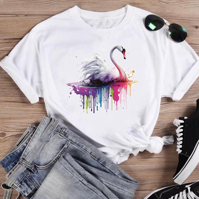 (Азиатский размер) Модная женская повседневная футболка с акварельным фламинго, тренд 90-х годов, повседневная женская футболка с графическим принтом, футболки с короткими рукавами