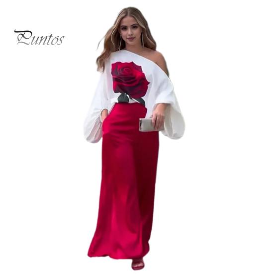 2 Pcs/Set Women Top Pants Set 3D Rose Print One Shoulder Slant Neck Long Bat Sleeve High Waist Wide Leg OL Commute Style Pockets Lady Blouse Trousers