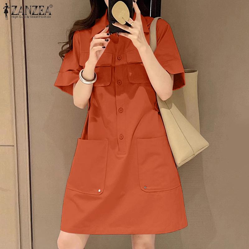 ZANZEA Женское повседневное платье-рубашка с отложным воротником и коротким рукавом