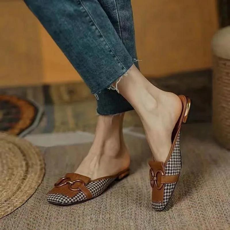Ретро-тапочки Baotou для женщин, весна/лето, новая мода, металлическая пряжка, открытая пятка, Muller Slides Mujer