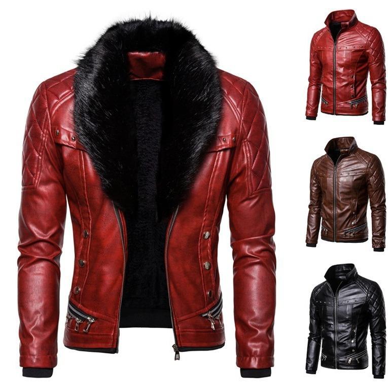 Men's Punk Removable Fur Collar Rivet Pressed Cotton Thick Windproof Locomotive Leather Jacket Men's