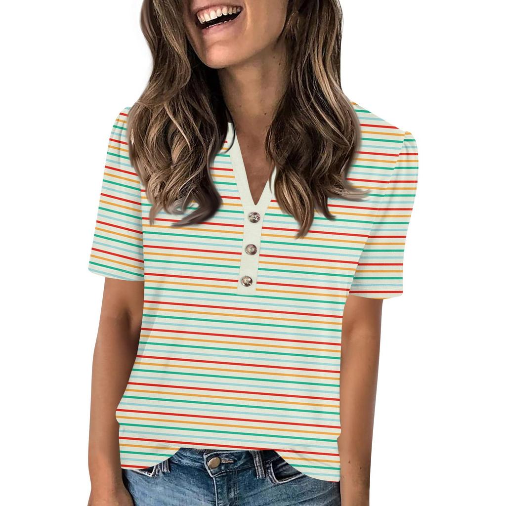 Женский модный повседневный свитер с коротким рукавом и принтом на пуговицах и V-образным вырезом