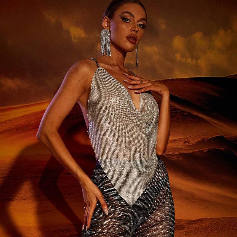 Metal Wire Fabric Metal Sparkle Spaghetti Strap Crop Top For Nightclub Women