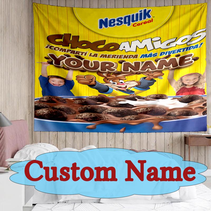 1pc Choco Amigos Nesquik Cereal Pattern Tapestry Custom Name Wall Hanging Tapestry for Living Room Dormitory Background Decor