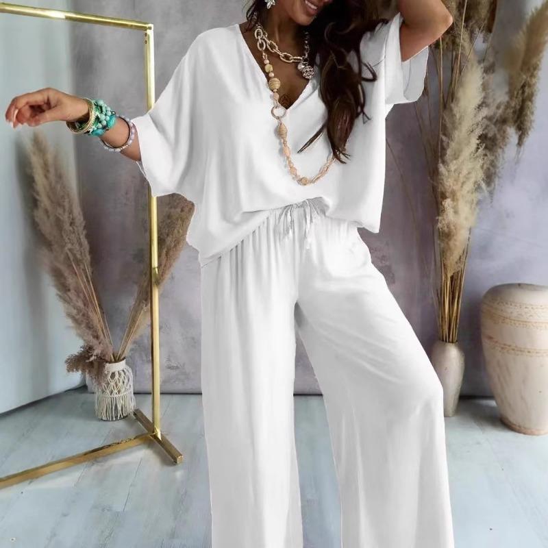 Женский комплект повседневных свободных брюк с V-образным вырезом и рукавом «летучая мышь»