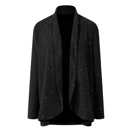 Lady Sequin Coat Open Stitch Cardigan Irregular Hem Long Sleeves Solid Color Formal Business Jacket Office Commuting Outerwear